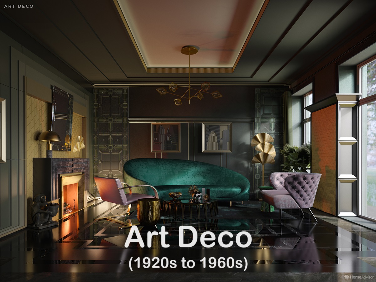 Art Deco living space with geometric patterns and luxurious finishes