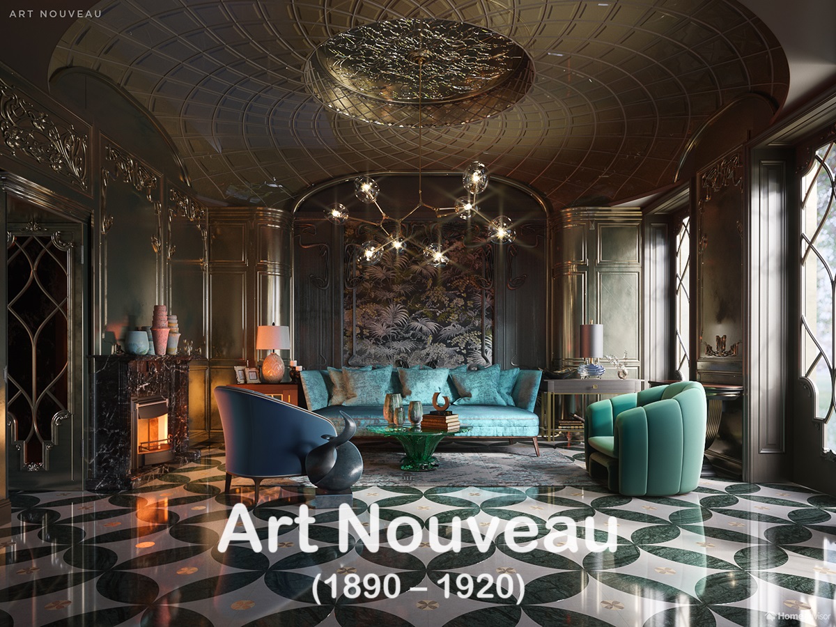Art Nouveau room with flowing whiplash curves and botanical elements