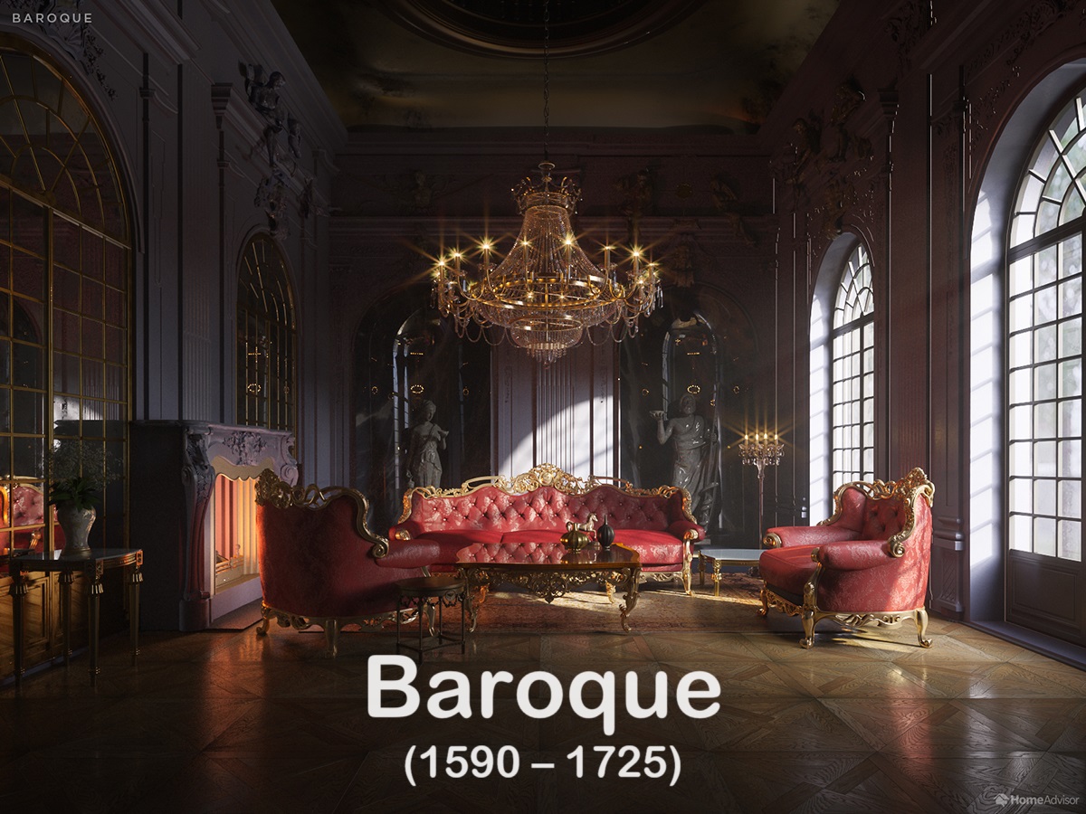 Baroque interior with ornate gilded details and dramatic lighting