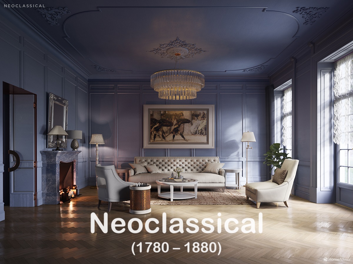 Neoclassical room with symmetrical design and classical elements