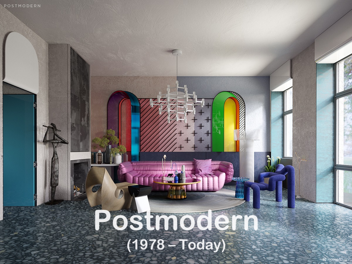 Postmodern interior with bold colors and playful design elements