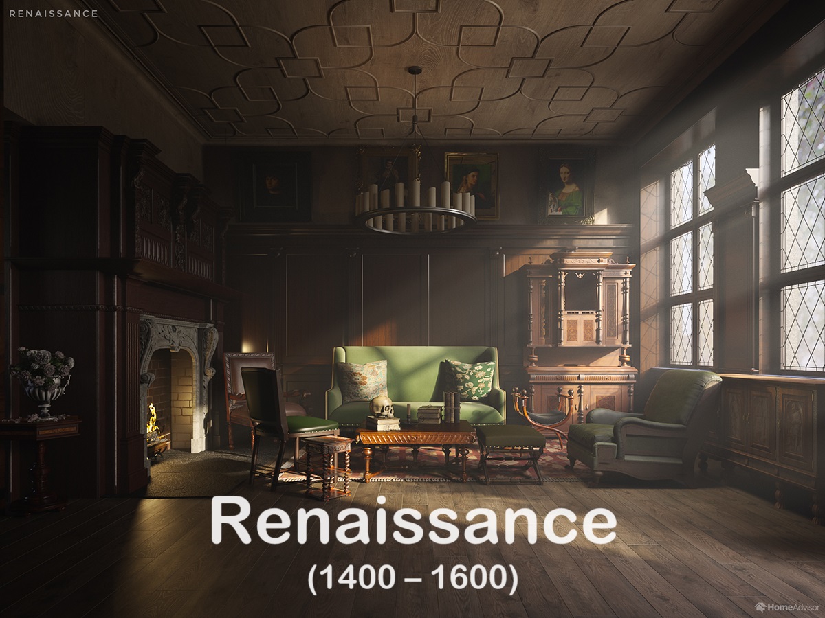 Renaissance interior with symmetrical layout and classical proportions
