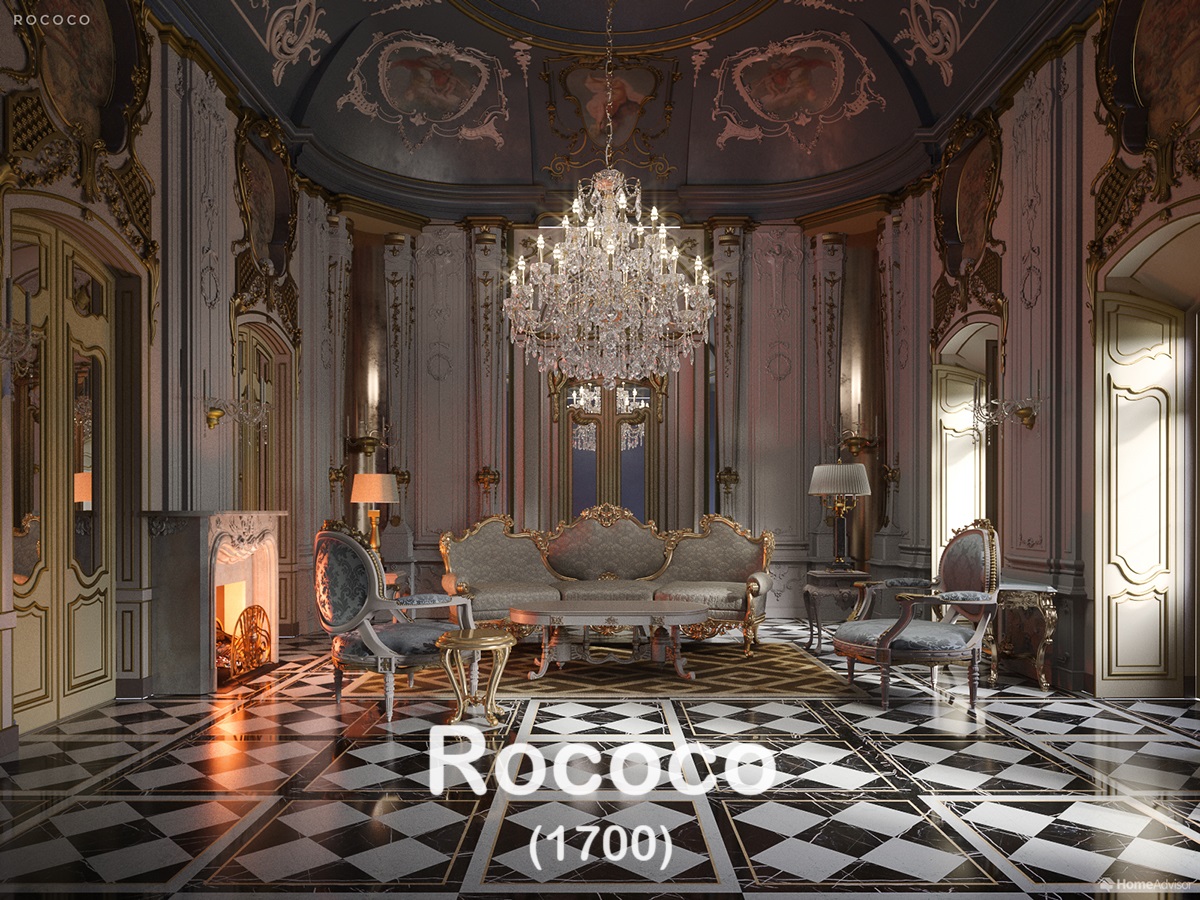 Rococo interior with delicate ornaments and curved forms