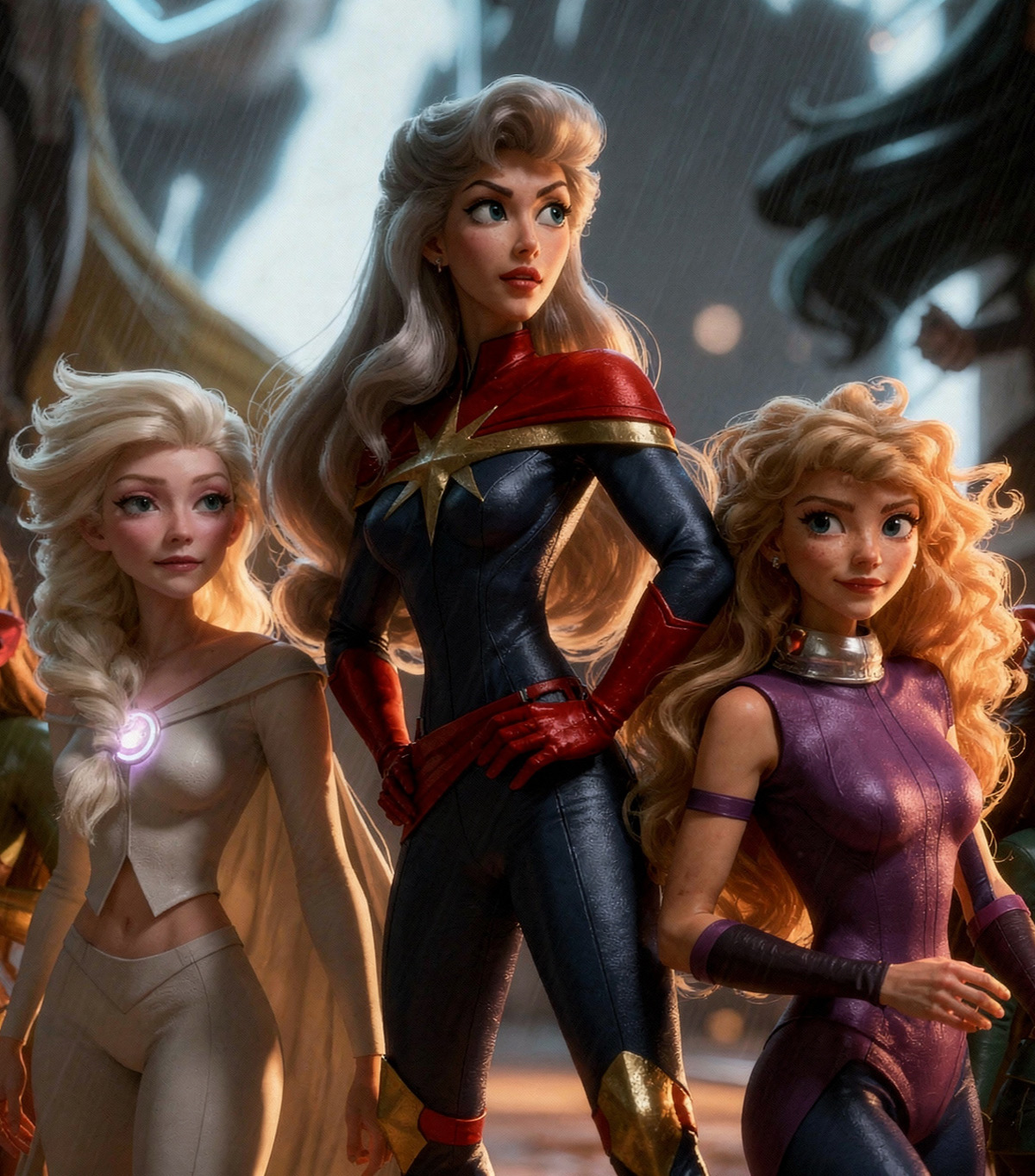 Marvel Disney princess mashup featuring iconic heroines reimagined as superheroes