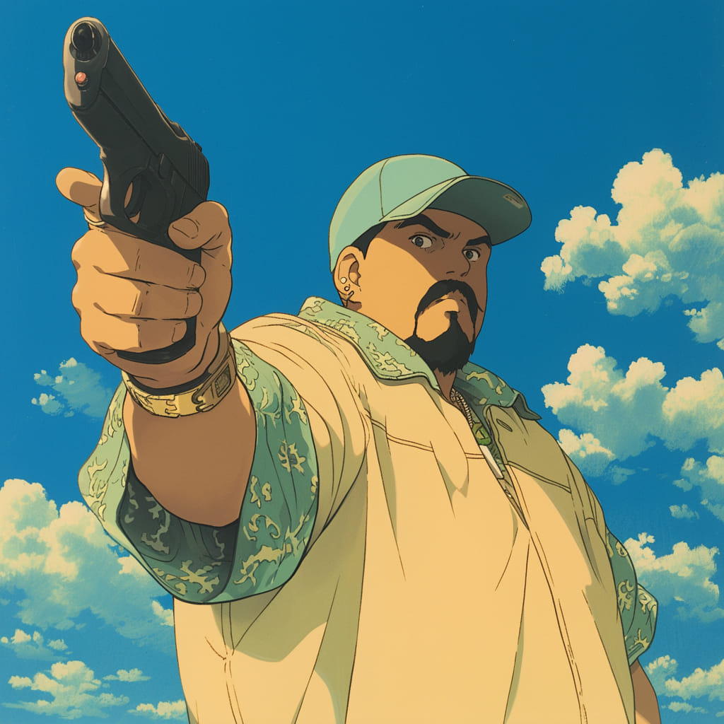 Big Pun reimagined in Studio Ghibli style from the golden era of 90s rap