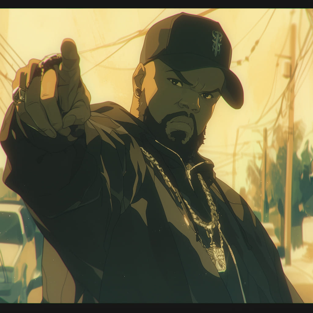 Ice Cube channeling West Coast 90s rap in a gentle Studio Ghibli style