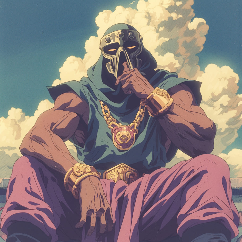 MF DOOM reimagined in Studio Ghibli style, embodying underground hip-hop vibes