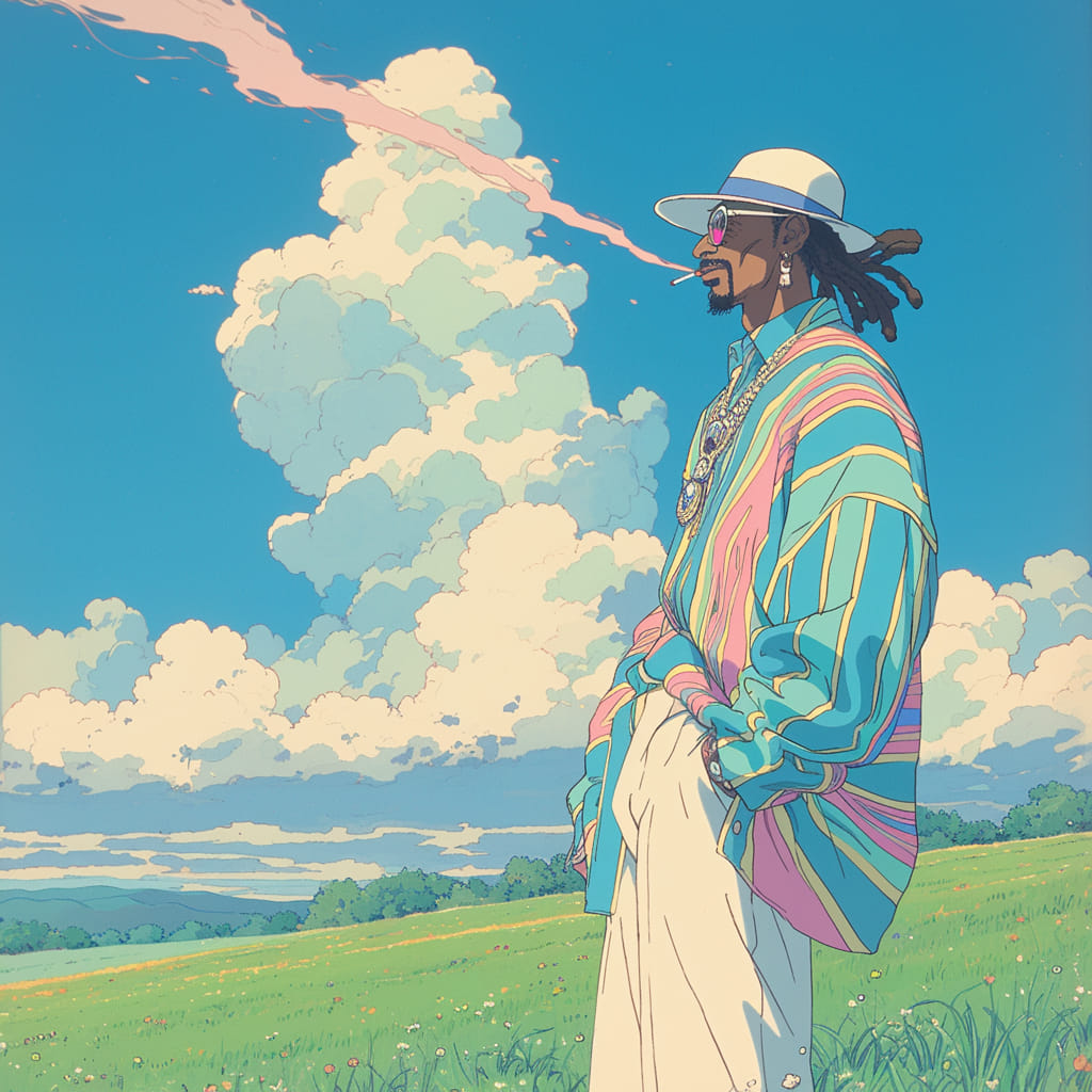 Snoop Dogg relaxed in a Studio Ghibli-style scene, reflecting West Coast vibe