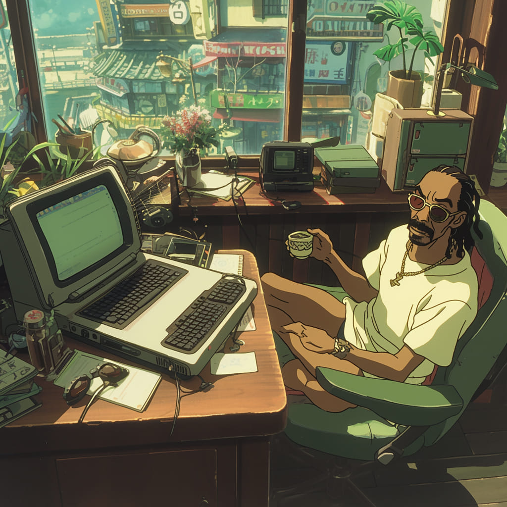 Snoop Dogg immersed in a soft, pastel Ghibli-like setting