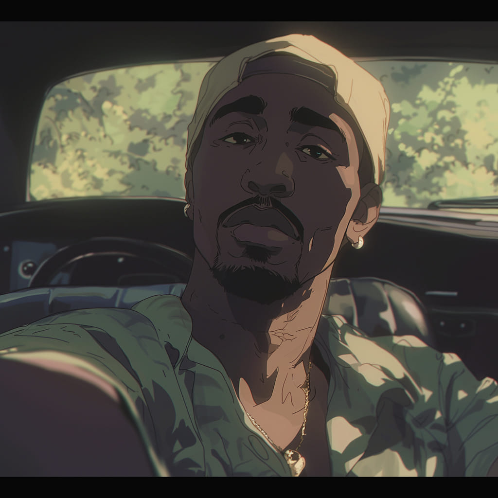 Tupac Shakur reimagined as a gentle 90s rap icon in a Studio Ghibli moment