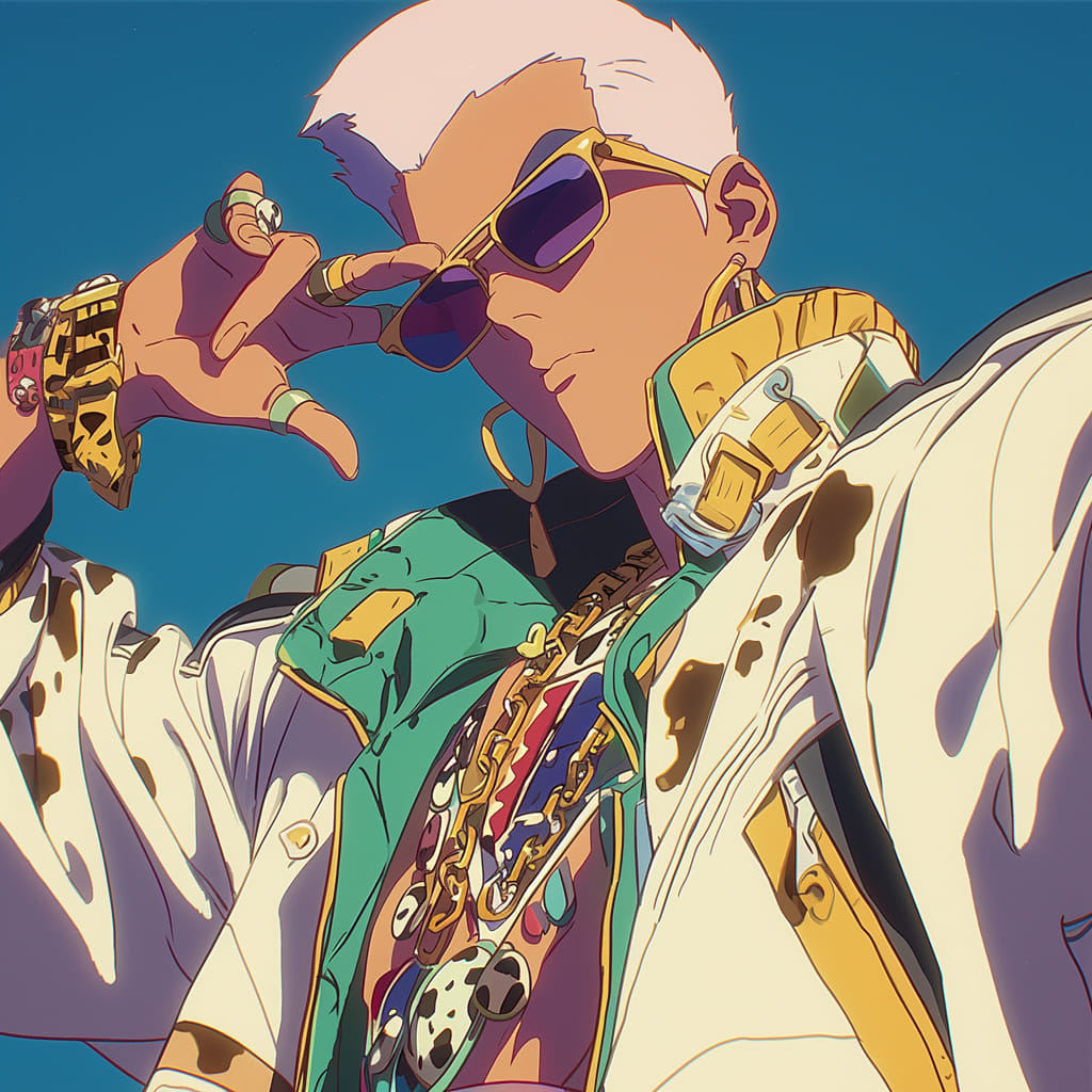 Vanilla Ice blending 90s pop-rap flair with a colorful Studio Ghibli aesthetic