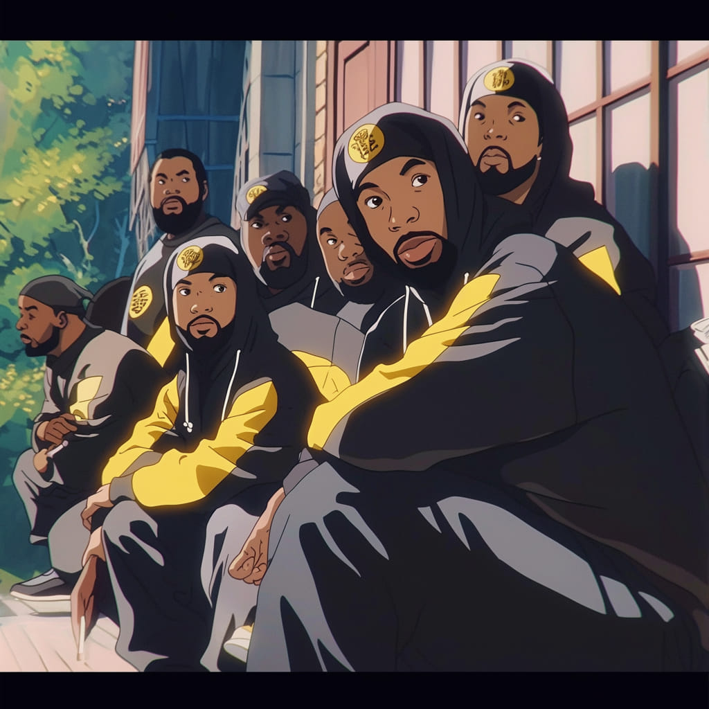 The Wu-Tang Clan depicted as a powerful ensemble in Studio Ghibli style