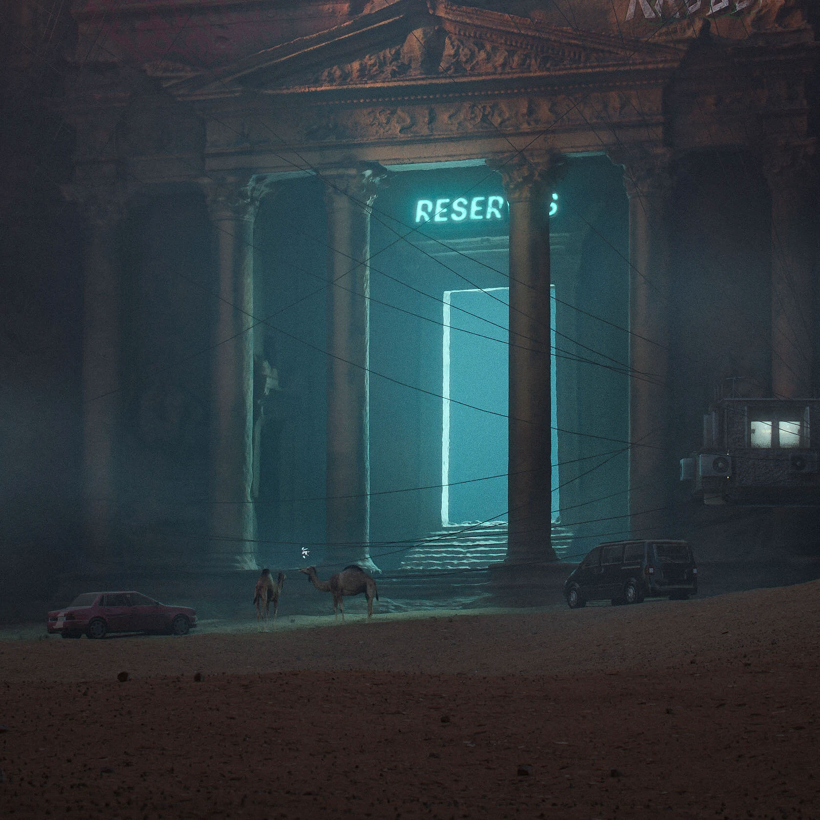 Neon crypto billboards illuminating a dystopian digital art cityscape