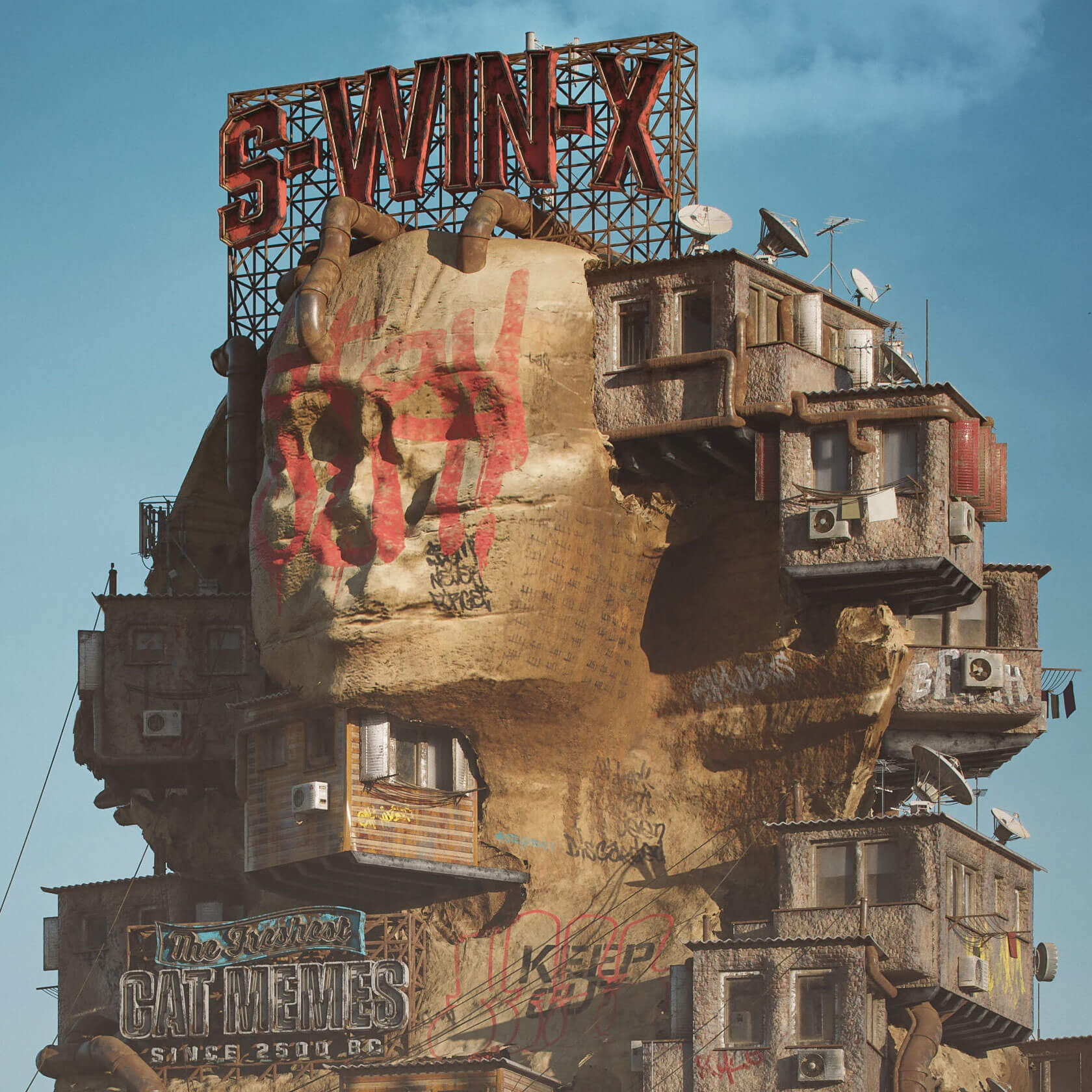 Cyberpunk cityscape featuring makeshift settlements stacked on futuristic landmarks