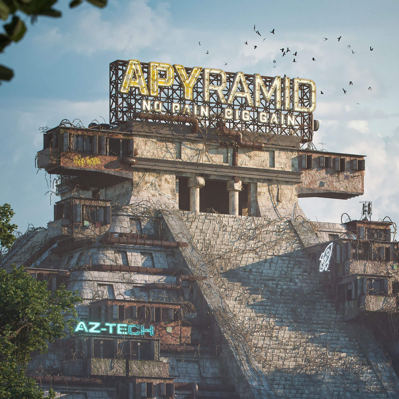 Favela architecture reimagined as dystopian concept art on iconic monuments