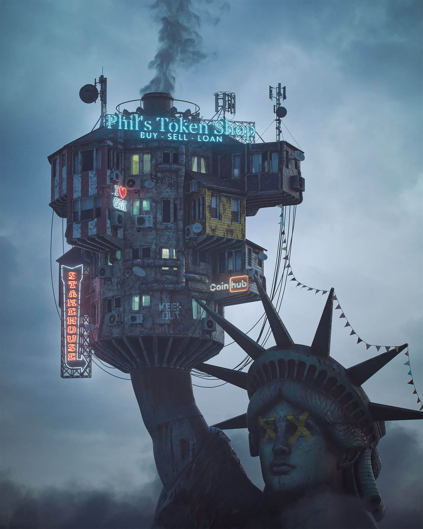 Urban decay and monumental living concept merging dystopian digital art with architecture