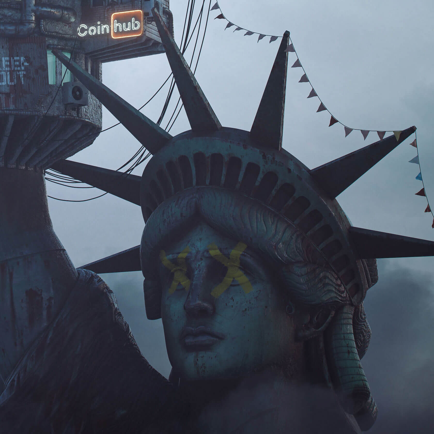 Digital dystopia showcasing favela settlements redesigned with futuristic aesthetics