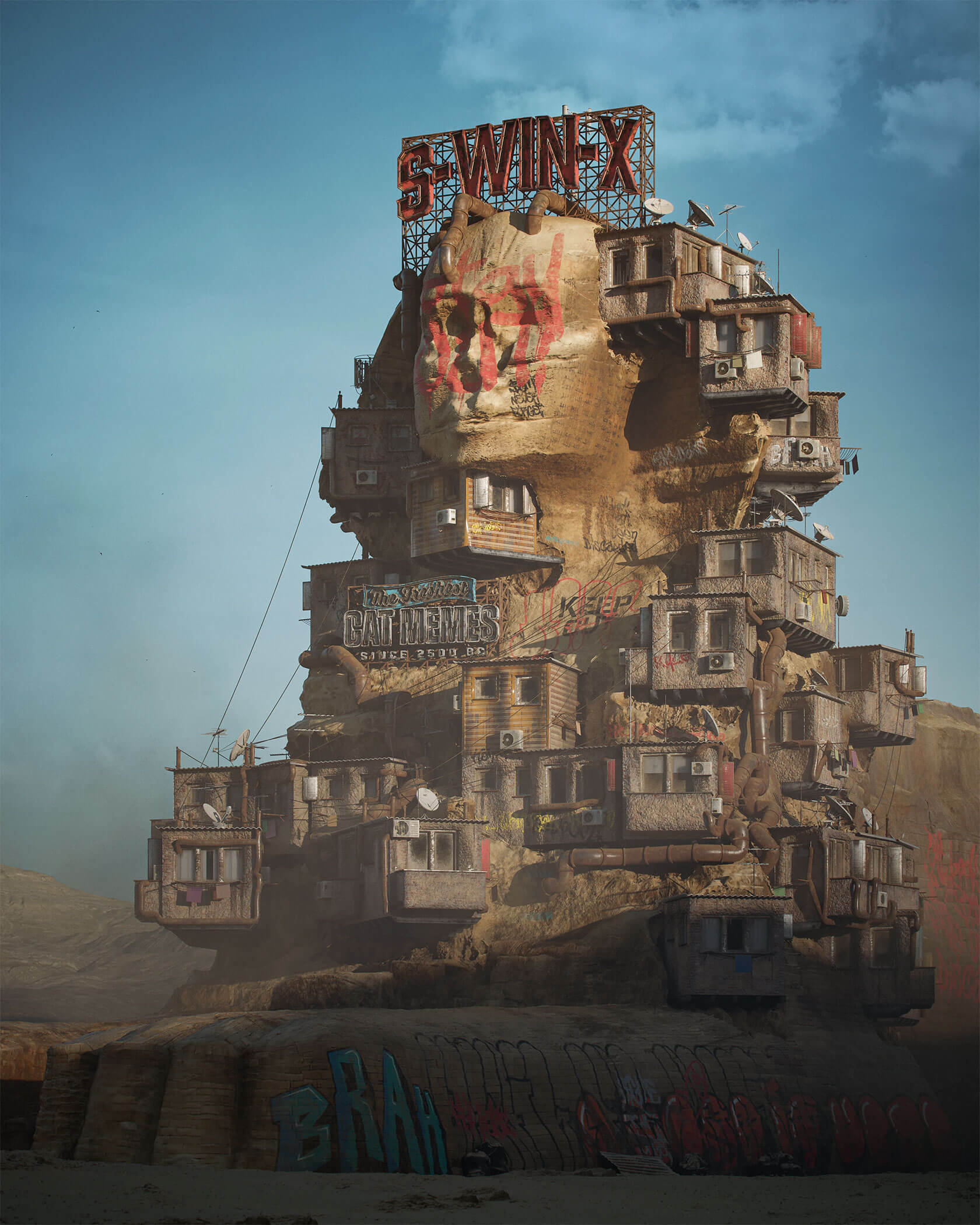 Futuristic architecture integrated into dystopian monumental living environments