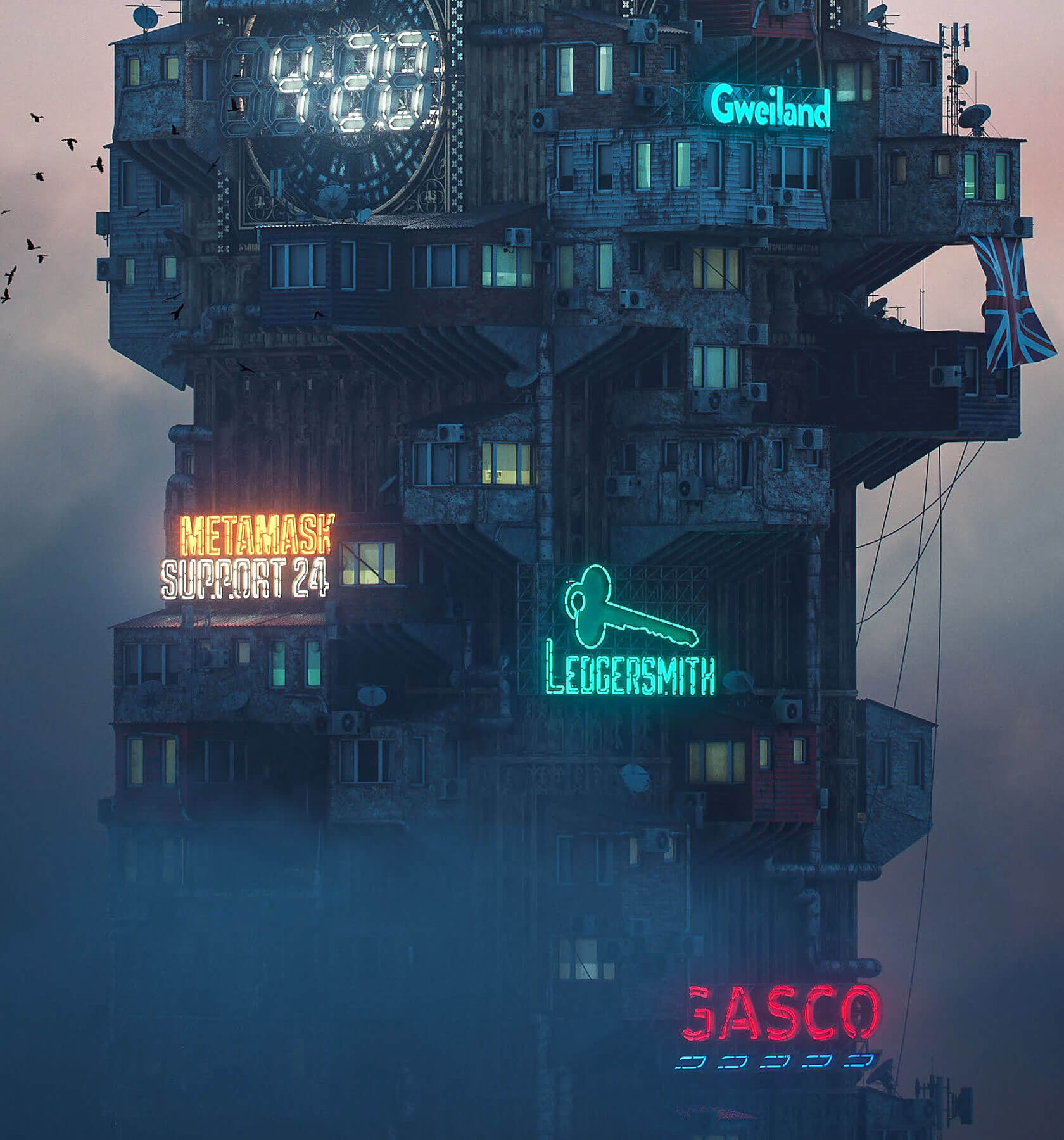 Futuristic landmarks reimagined as post-apocalyptic digital concept art