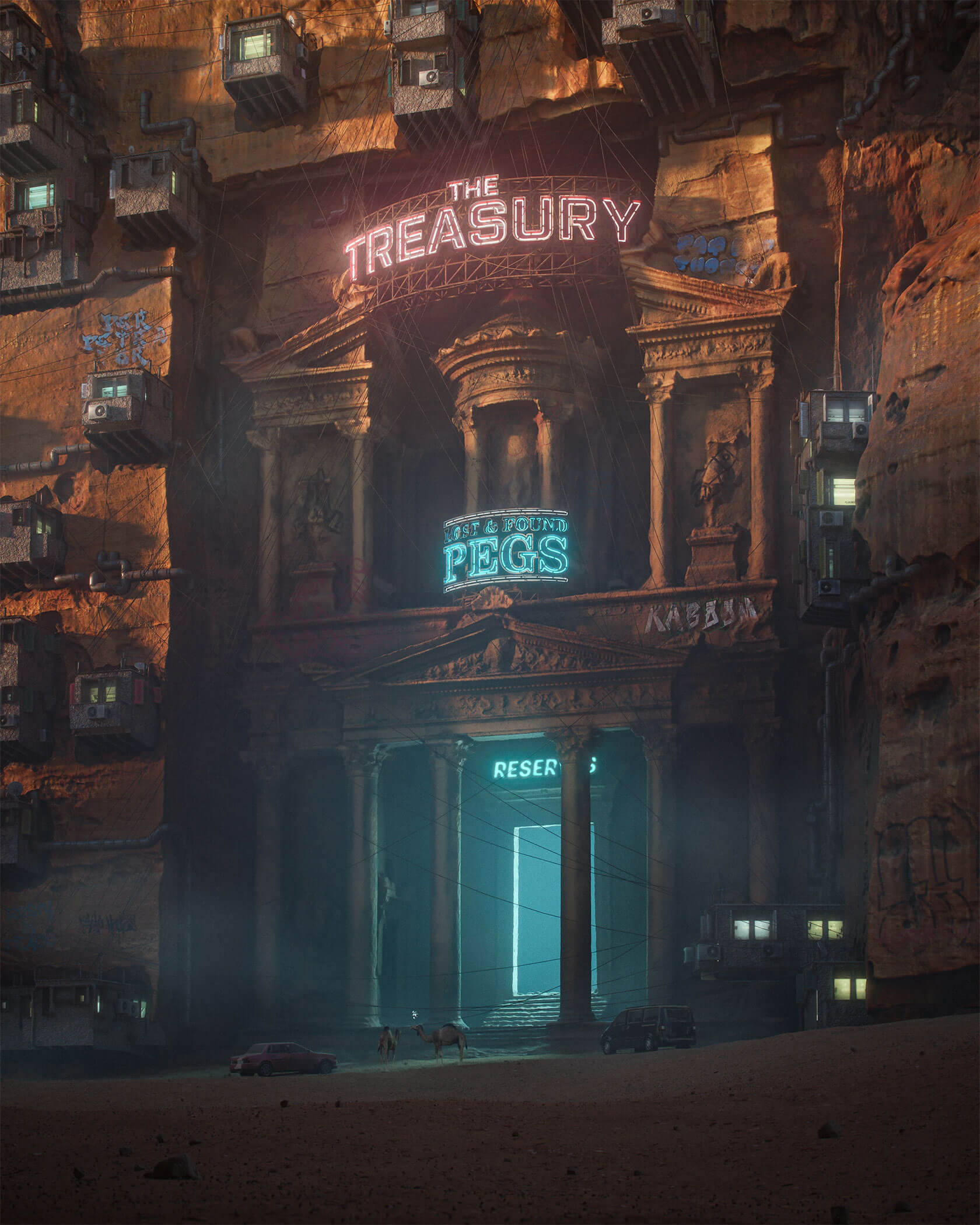 Houdini 3D modeling creating detailed cyberpunk cityscape renders for dystopian art