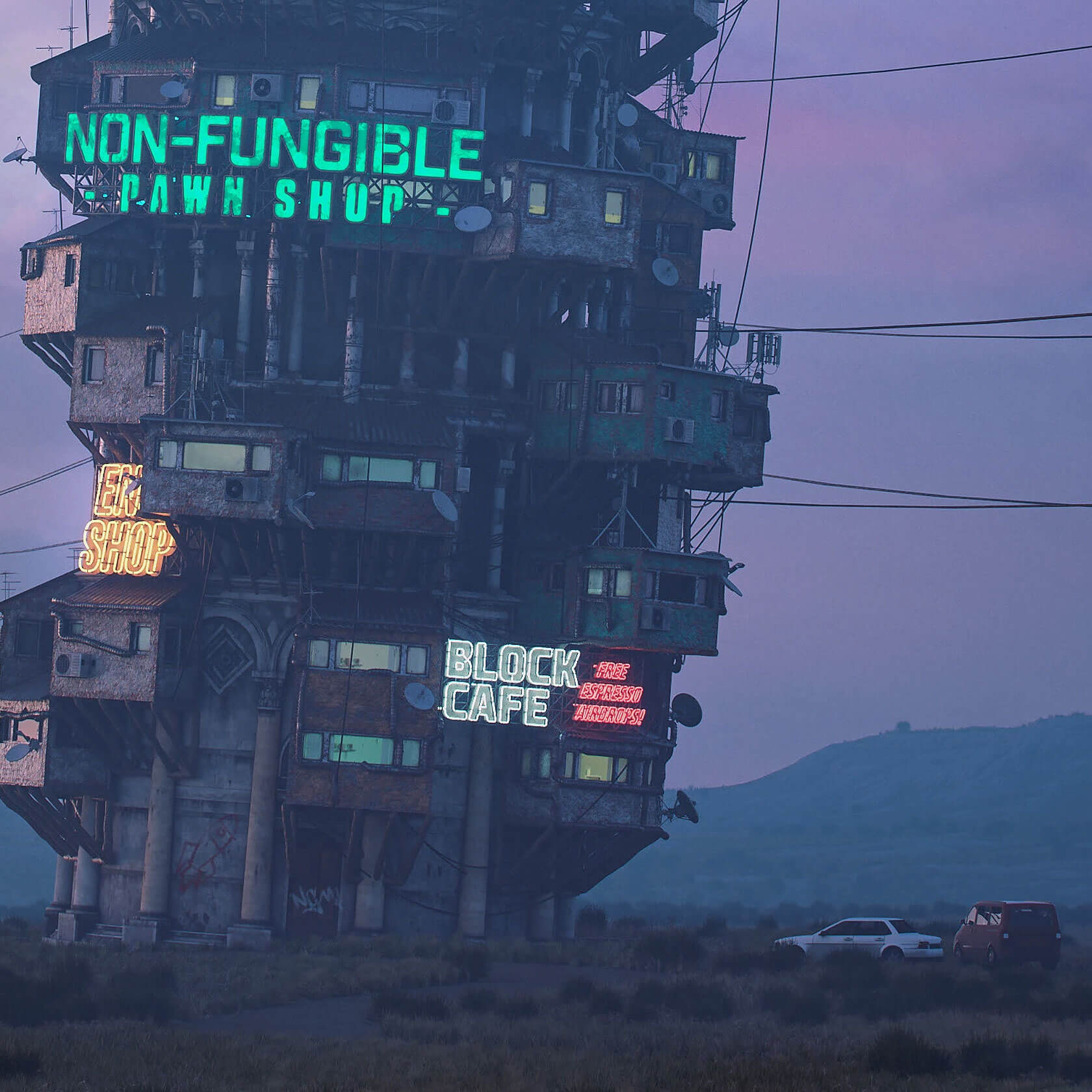 Iconic landmarks reimagined through dystopian digital art showcasing monumental living