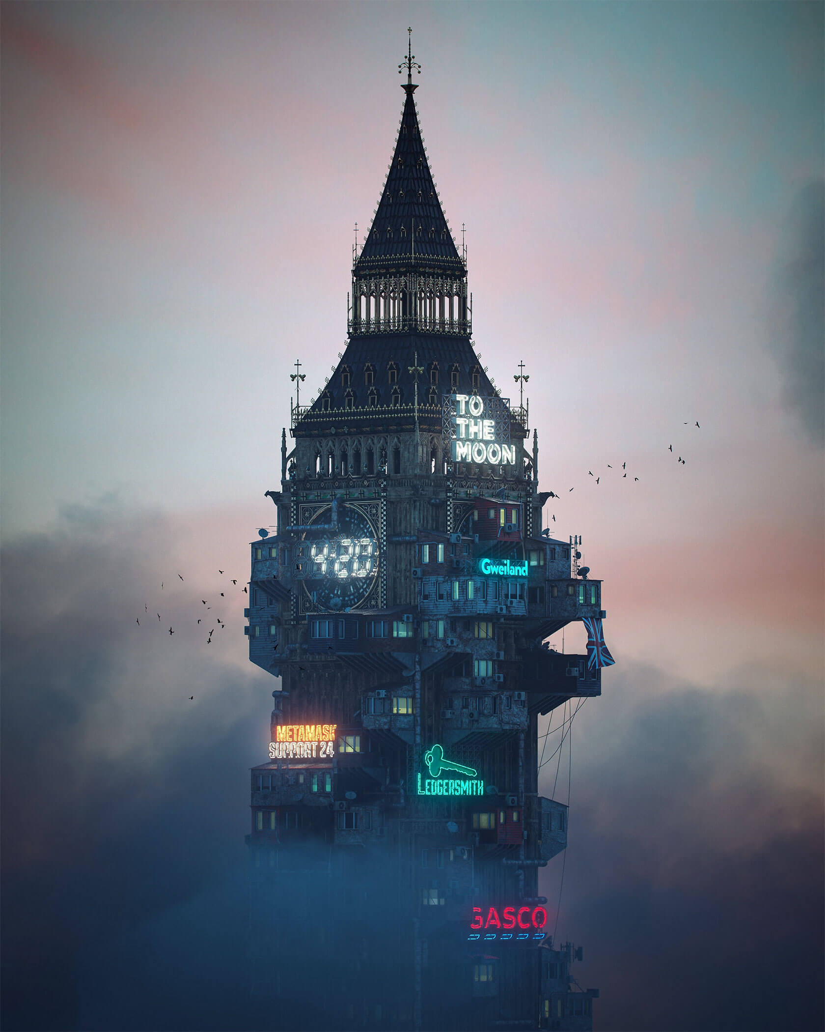 Neon billboards illuminating cyberpunk city environments in 3D digital illustration