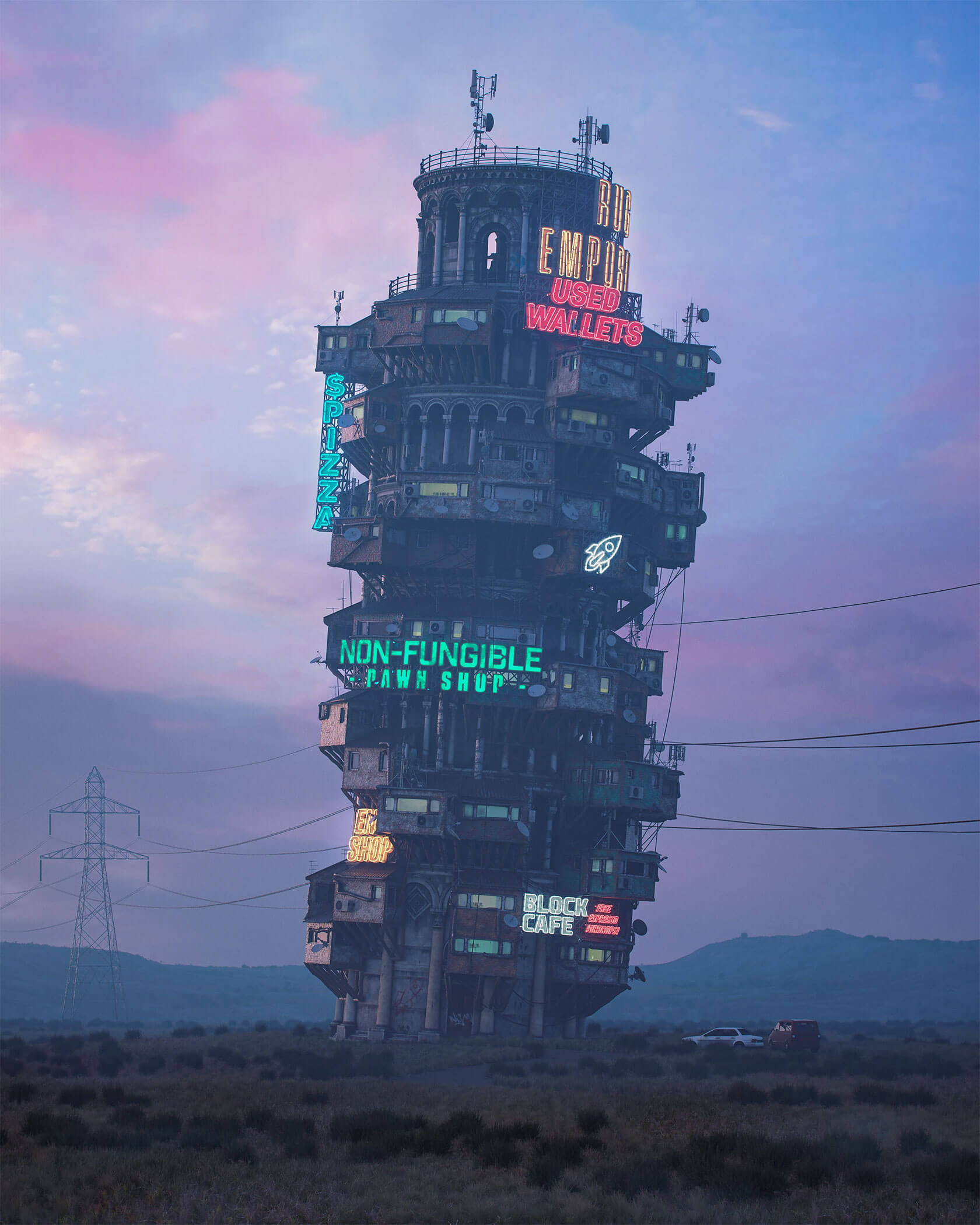 Neon crypto billboards sprawling across digital dystopia concept art landscapes