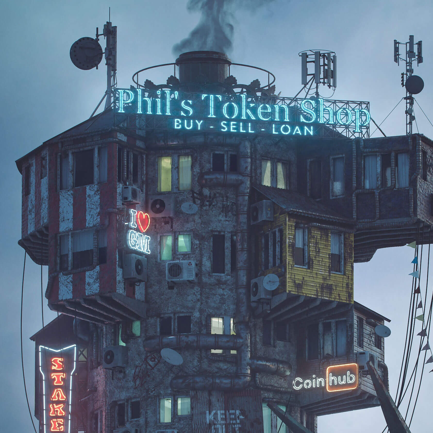 Post-apocalyptic cityscape rendered in Filip Hodas dystopian digital art style