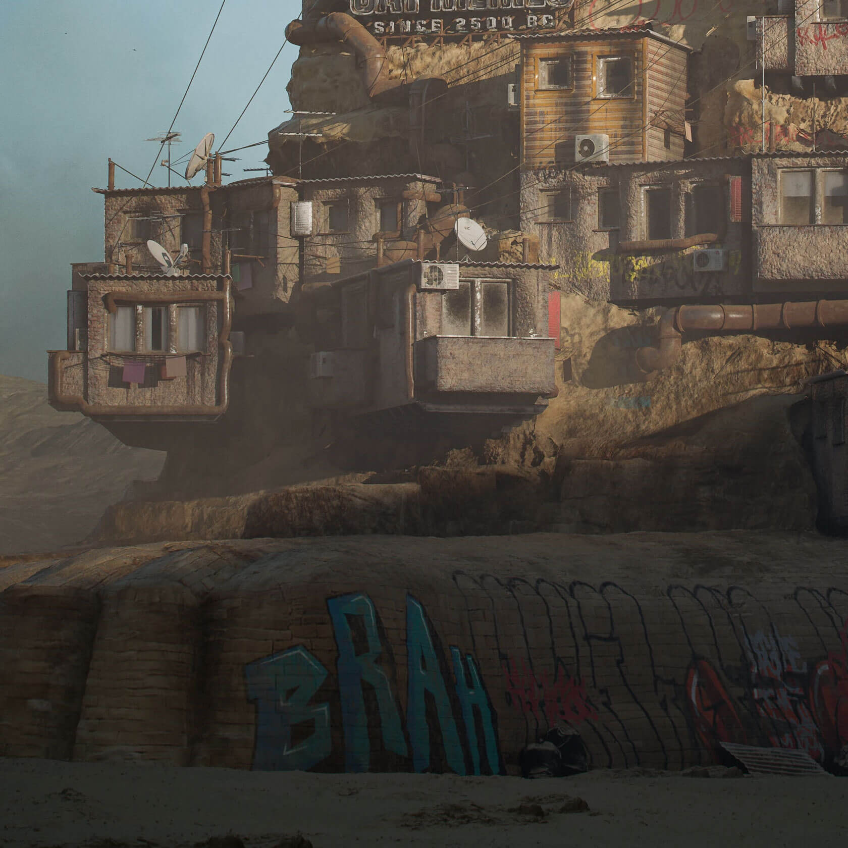 Post-apocalyptic favela architecture integrated into 3D digital illustration of monuments