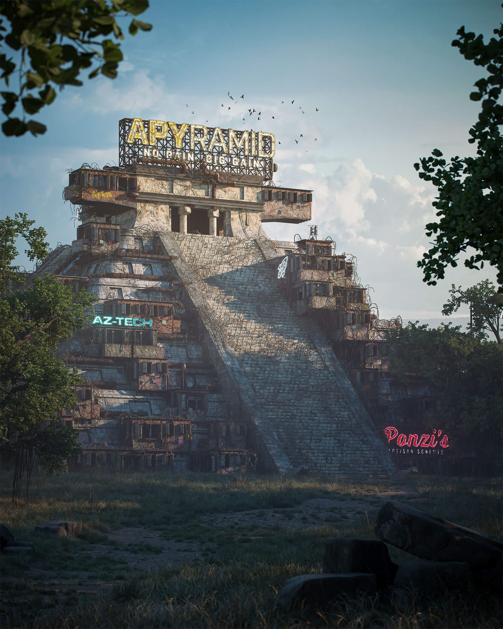 Post-apocalyptic reimagining of landmark monuments in dystopian digital art illustration
