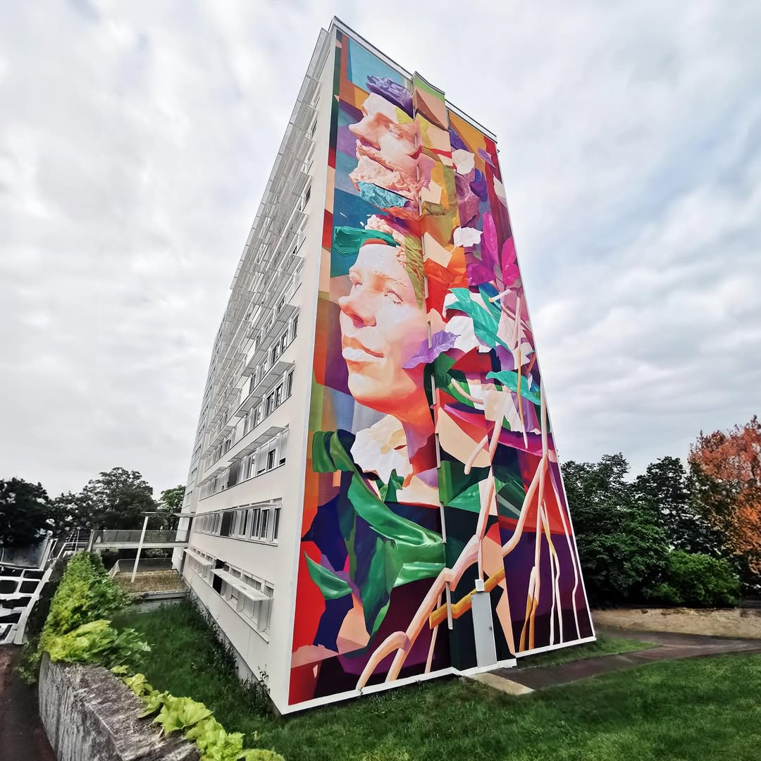 Stunning monumental painting merging nature and portraits Hyperrealistic botanical elements in massive mural