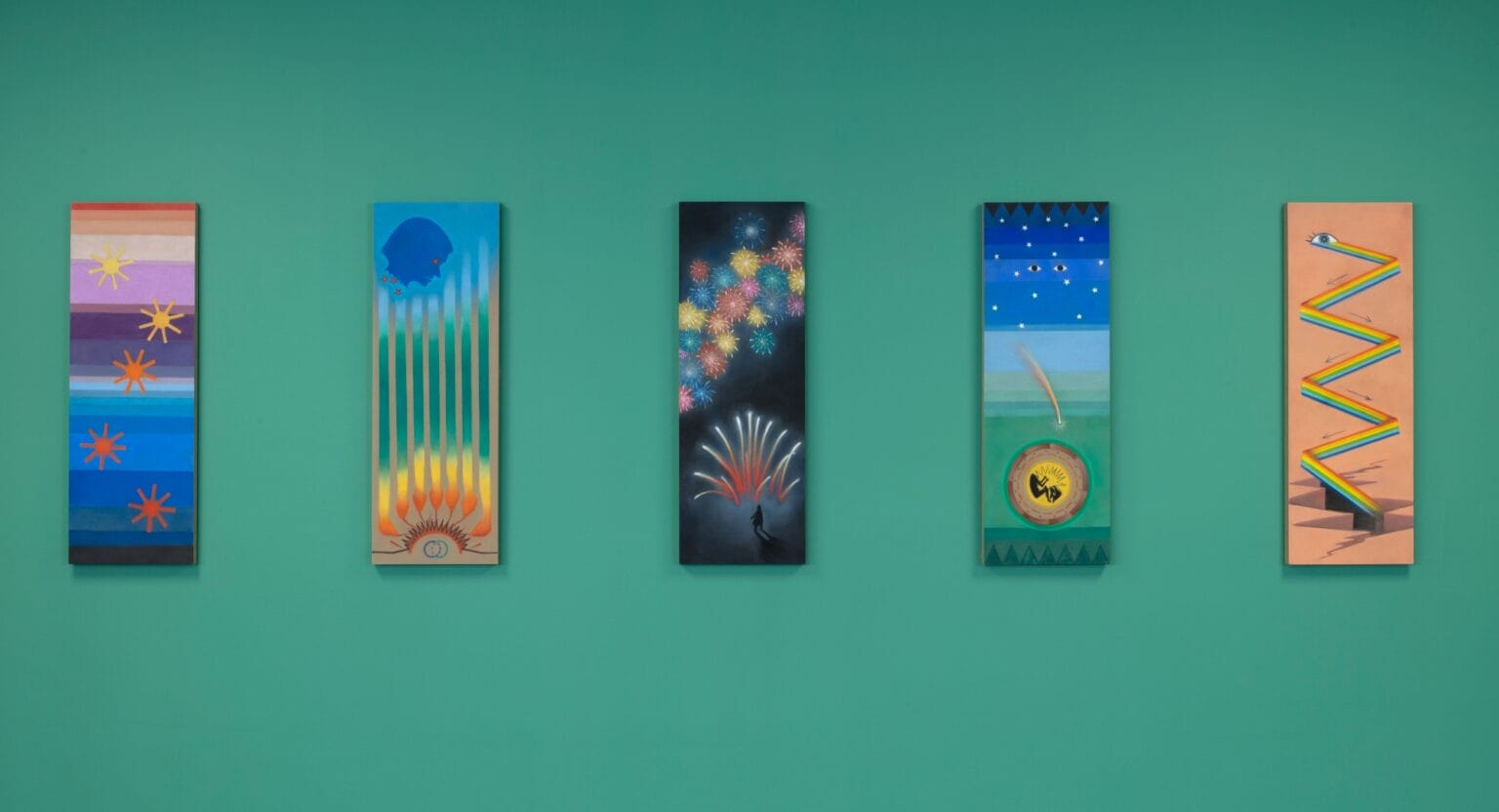 An array of unconventional makeup art materials including eyeshadows, blushes, and acrylic nails.