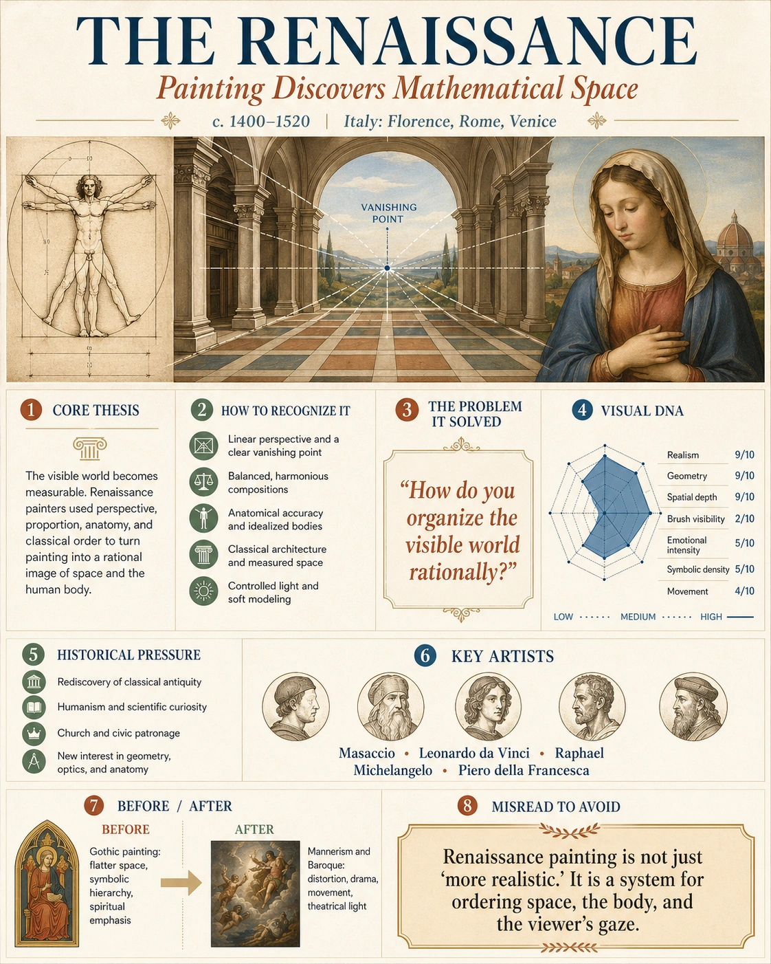 Renaissance painting style demonstrating linear perspective and ordered space in classical composition