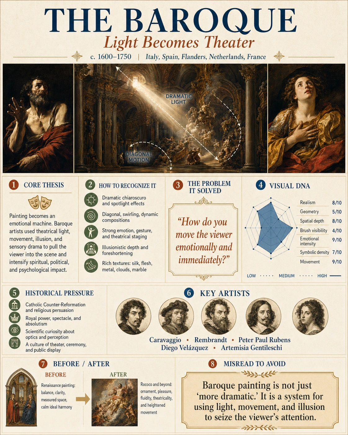 Baroque painting style featuring dramatic chiaroscuro lighting and theatrical movement