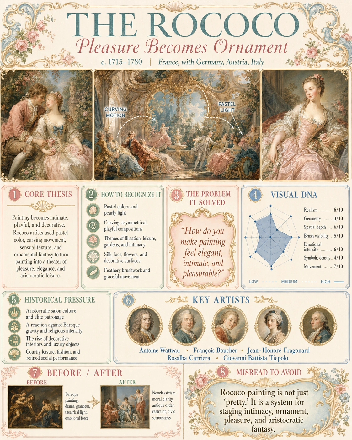 Rococo painting style with ornamental detail, pastel colors, and intimate pleasurable scenes