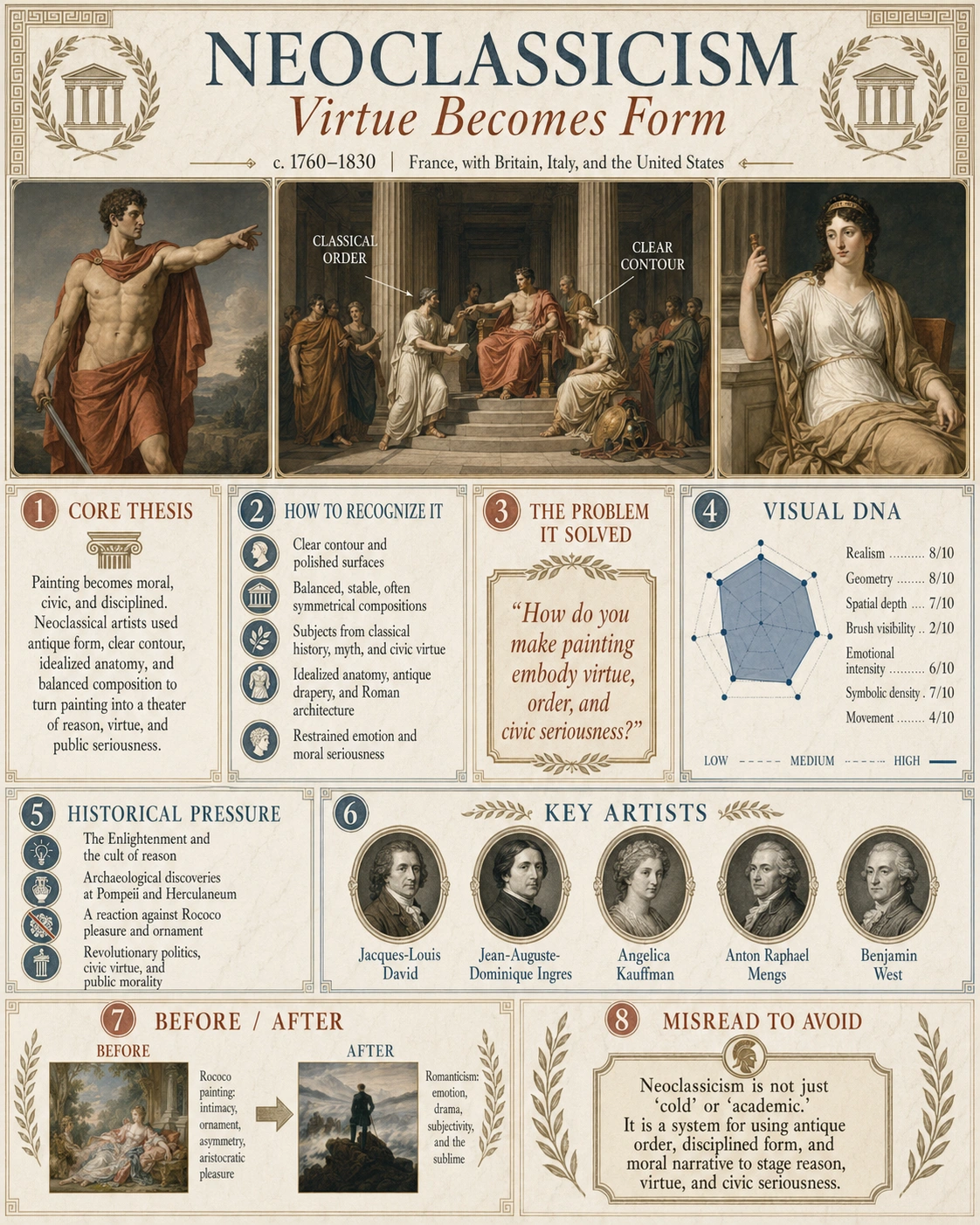 Neoclassical painting style emphasizing virtue, moral form, and antique restraint