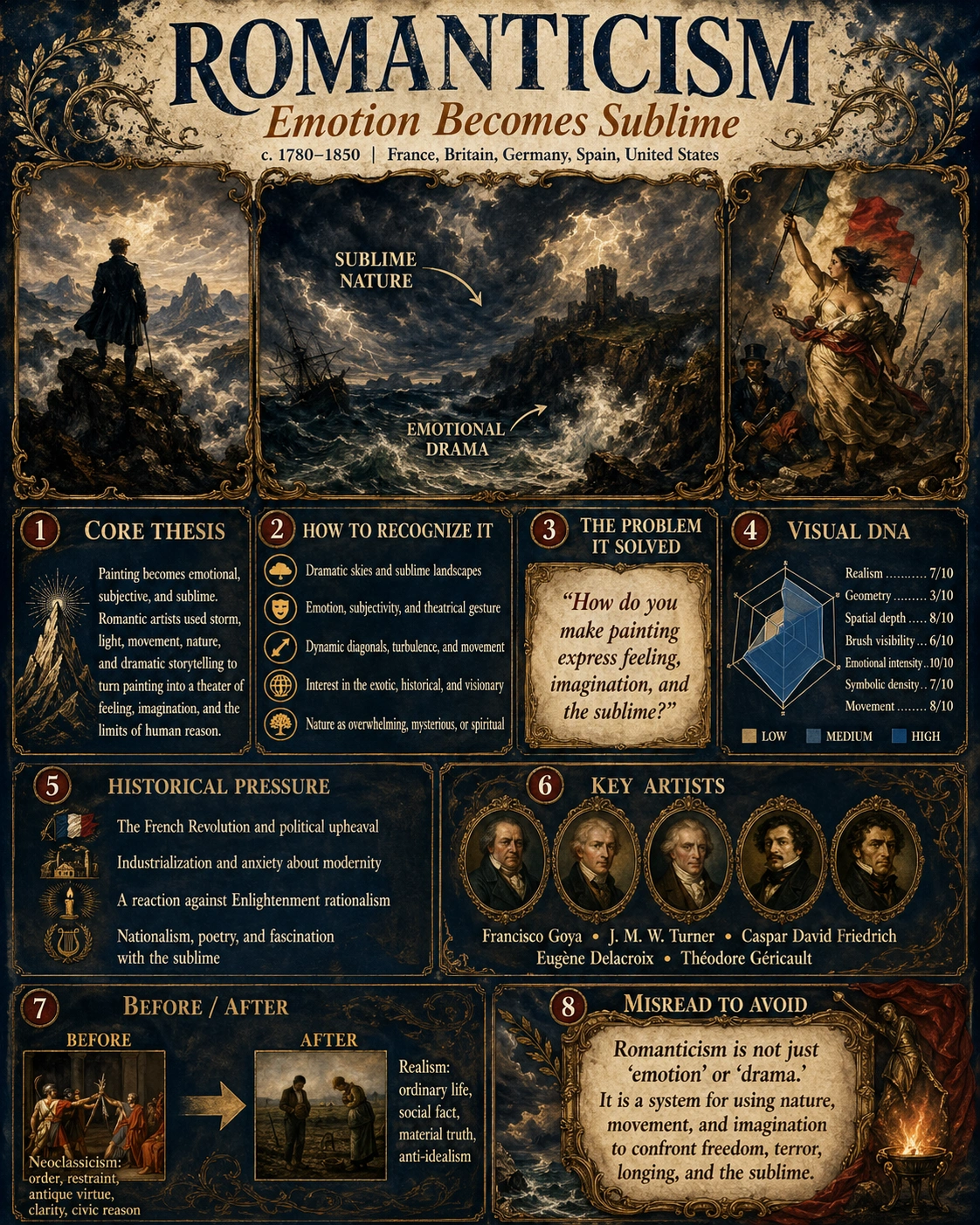 Romanticism painting style depicting sublime nature, emotional intensity, and turbulent landscapes