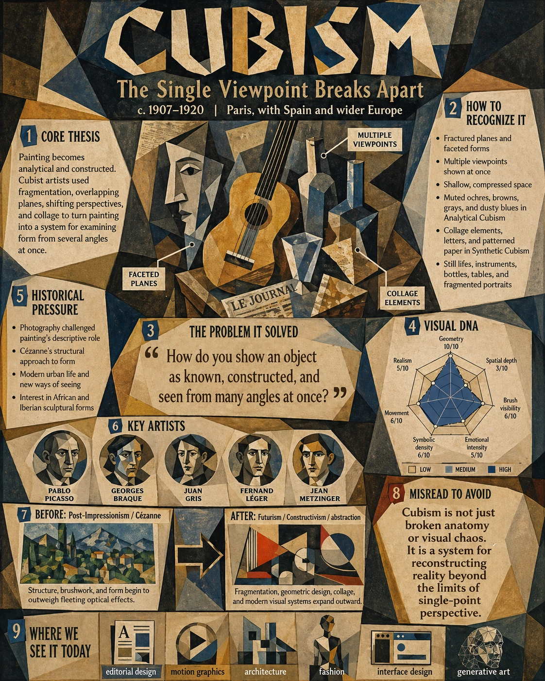 Cubism painting style fragmenting forms into planes and multiple simultaneous viewpoints