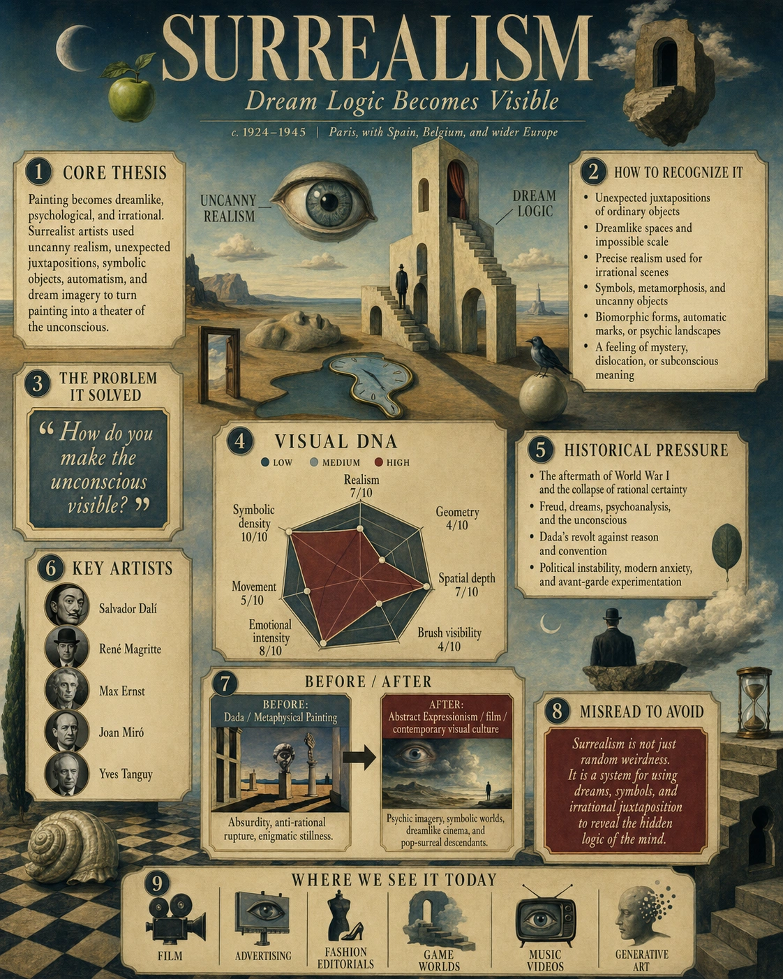 Surrealism painting style depicting dream logic, impossible forms, and unconscious imagery