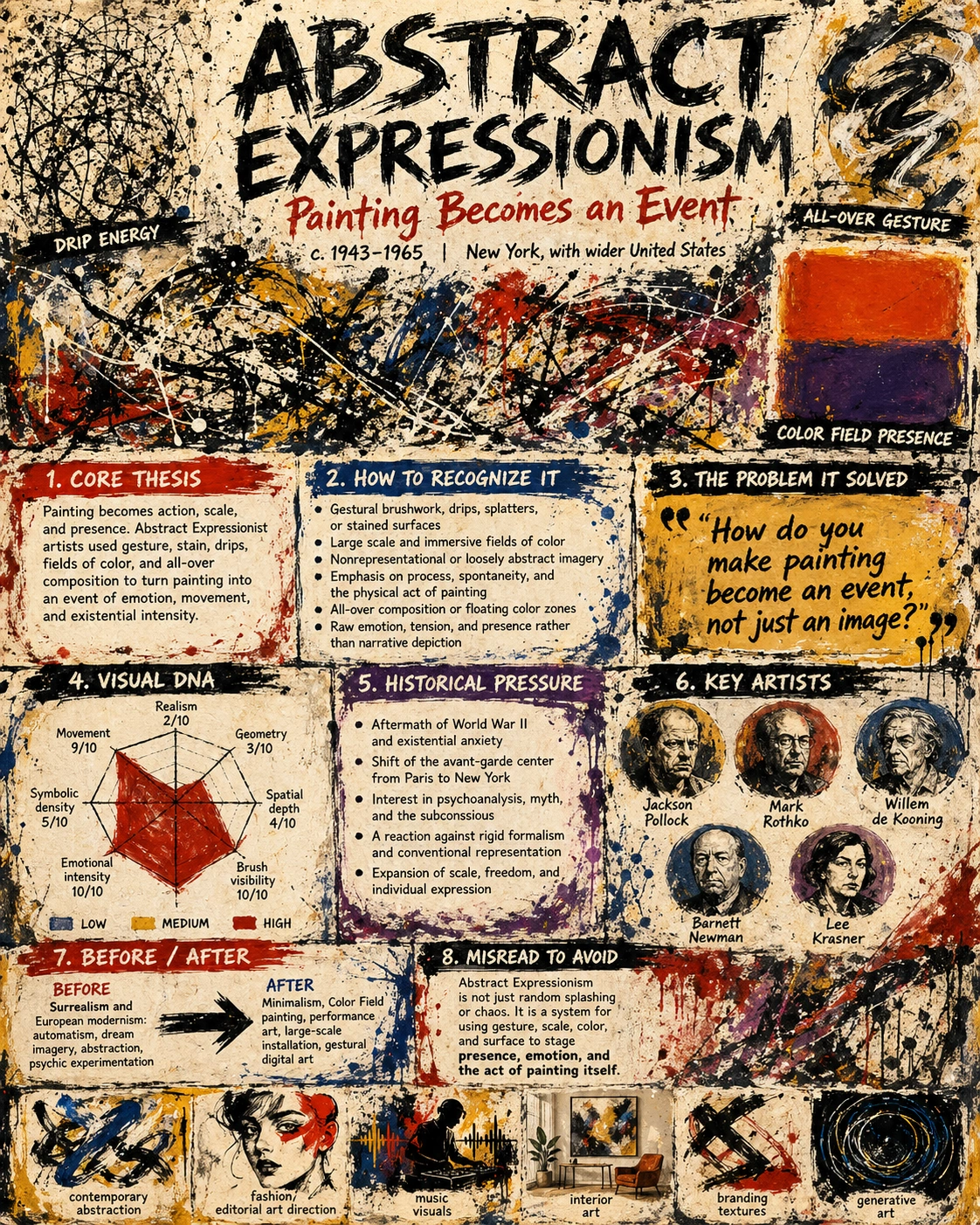 Abstract Expressionism painting style featuring gestural marks, action, and emotional energy