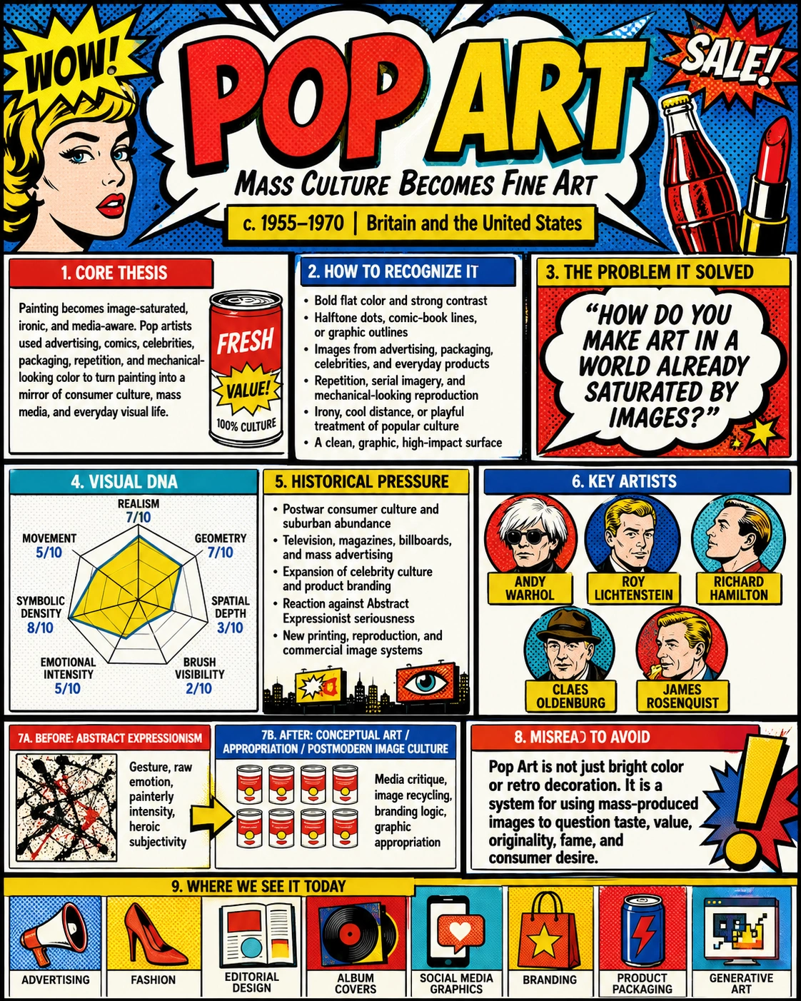 Pop Art painting style incorporating mass culture imagery, advertising, and commercial symbols