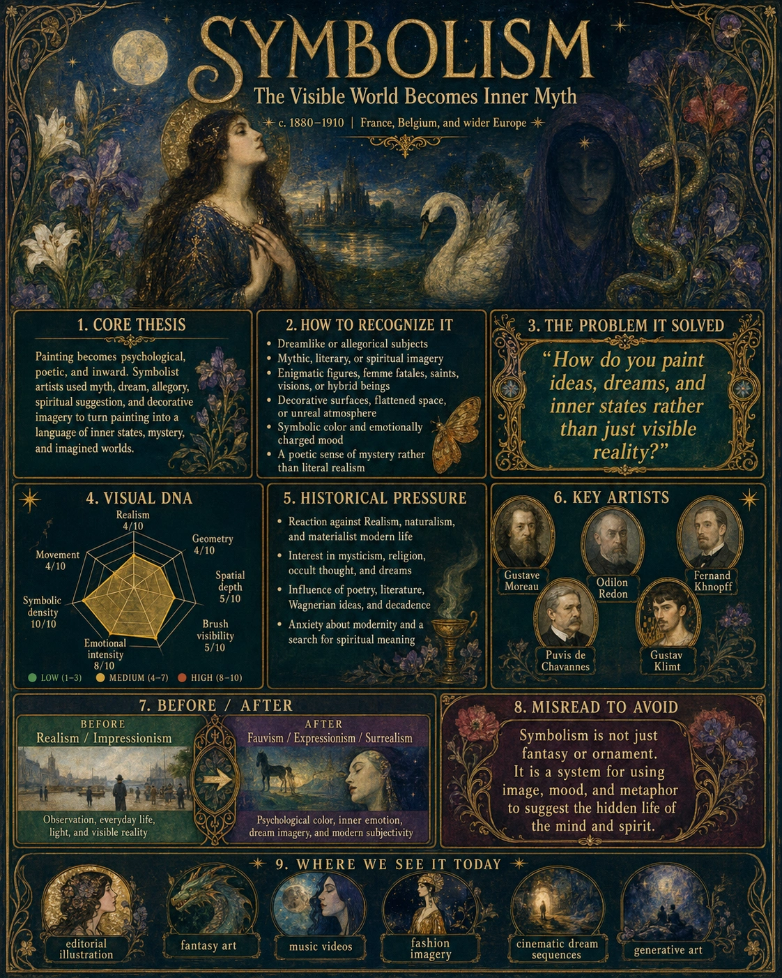 Symbolism painting style featuring mythic subjects, dreamlike atmosphere, and hidden meaning