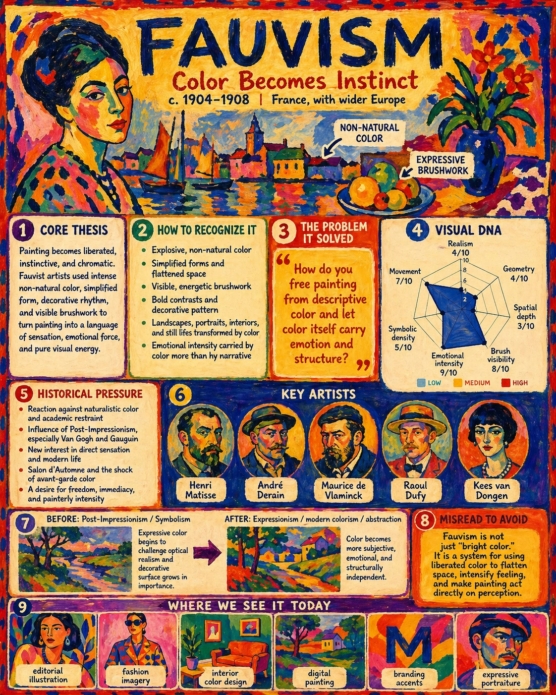 Fauvism painting style using liberated intense color, simplified forms, and flattened space