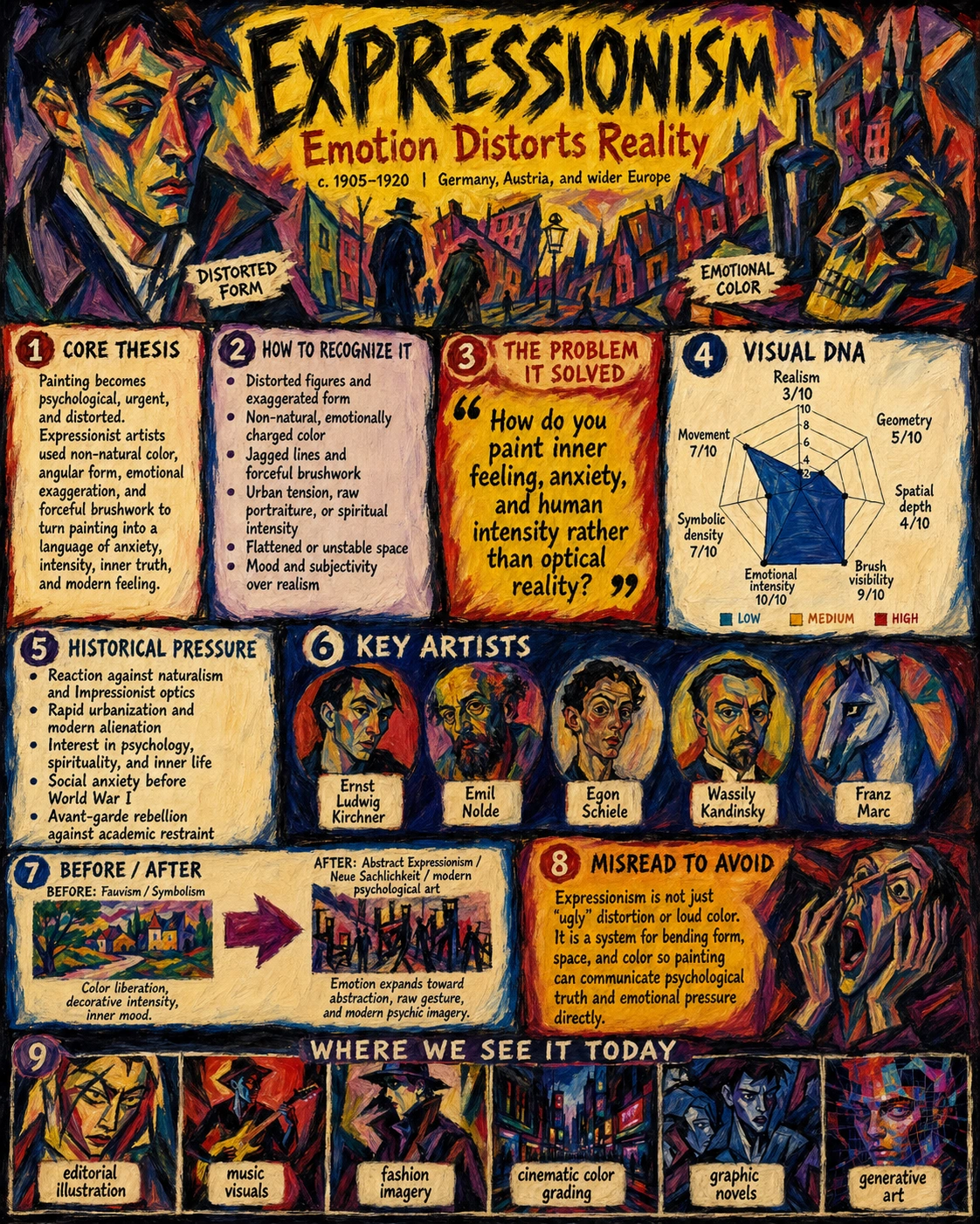 Expressionism painting style with distorted figures, jagged forms, and psychological intensity