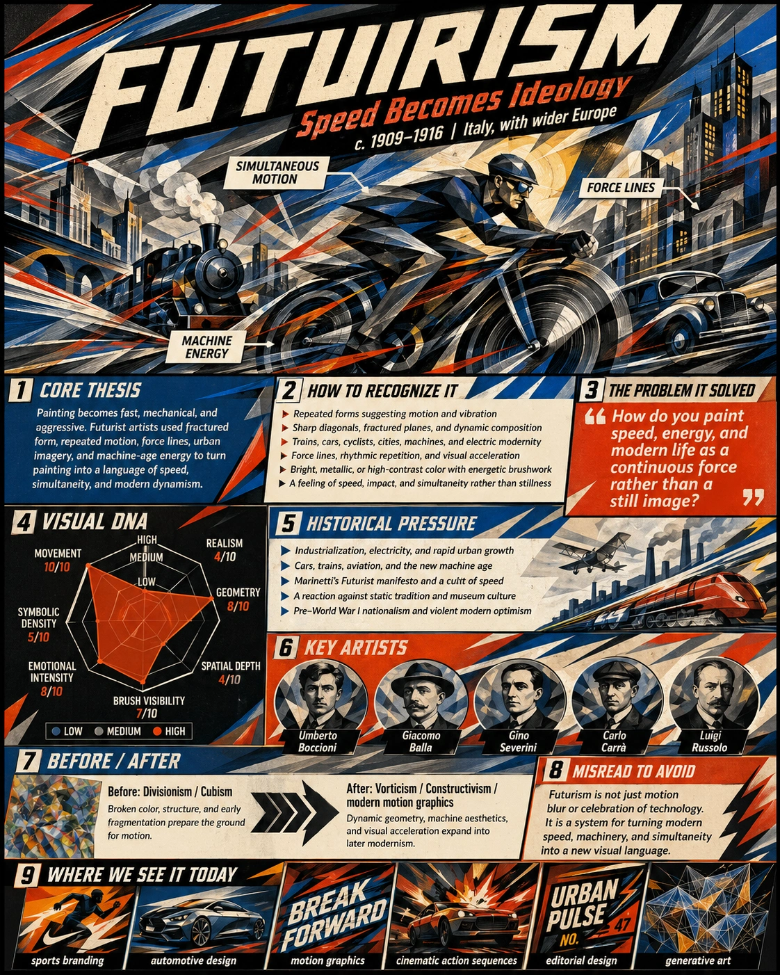 Futurism painting style depicting speed, machinery, motion lines, and dynamic simultaneity