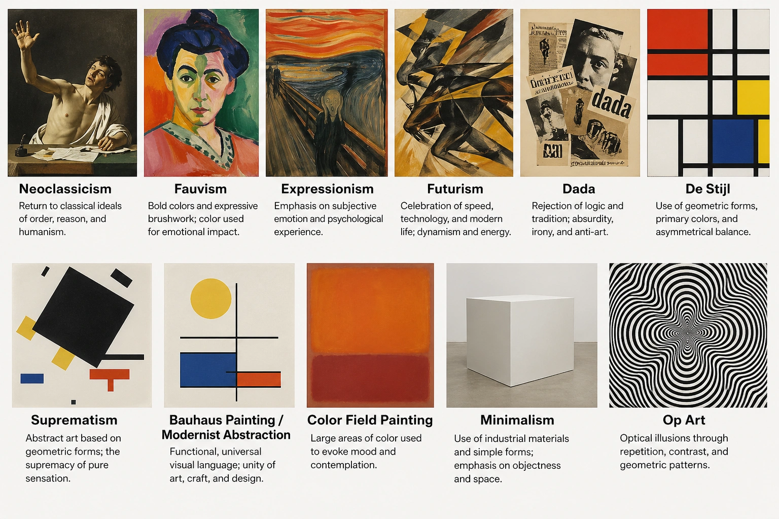 Visual comparison of major art movement styles including Renaissance, Baroque, and futuristic painting techniques