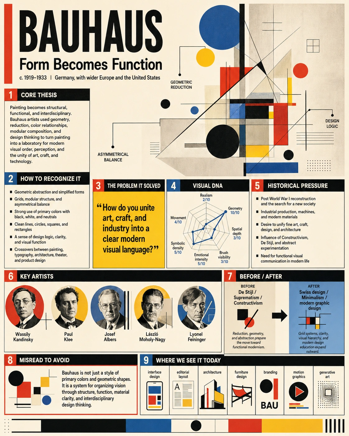 Bauhaus painting style combining geometric forms, modular design, and functional abstraction