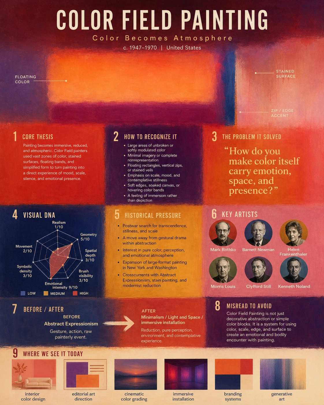 Color Field painting style featuring vast chromatic zones, soft edges, and atmospheric presence