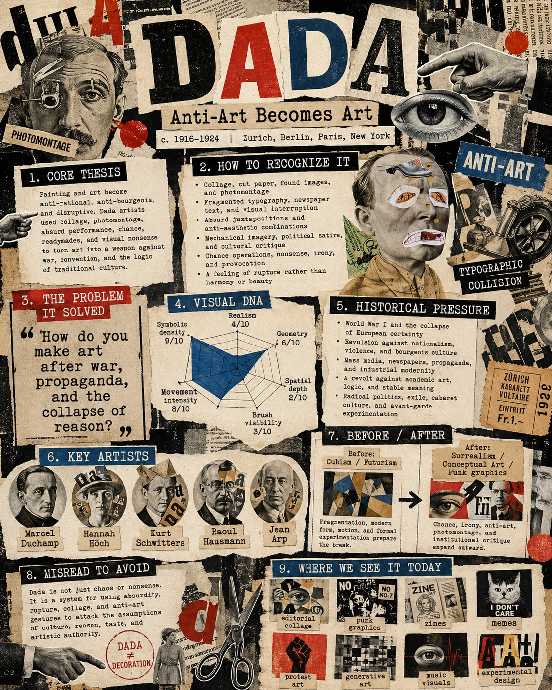 Dada painting style using collage, photomontage, absurdity, and anti-art gesture