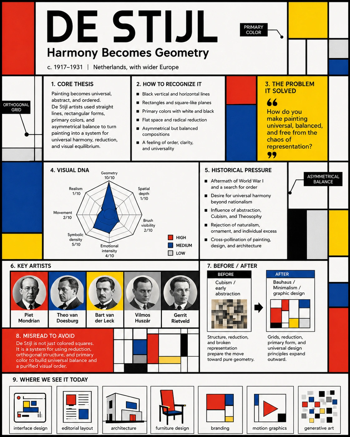 De Stijl painting style with geometric rectangles, primary colors, and orthogonal structure